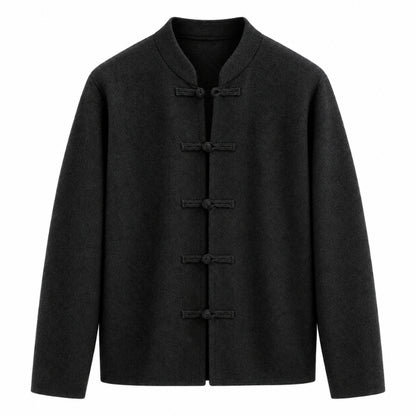 A black long-sleeve jacket with a traditional Chinese mandarin collar and five button-tab closures down the front, displayed on a solid white background.