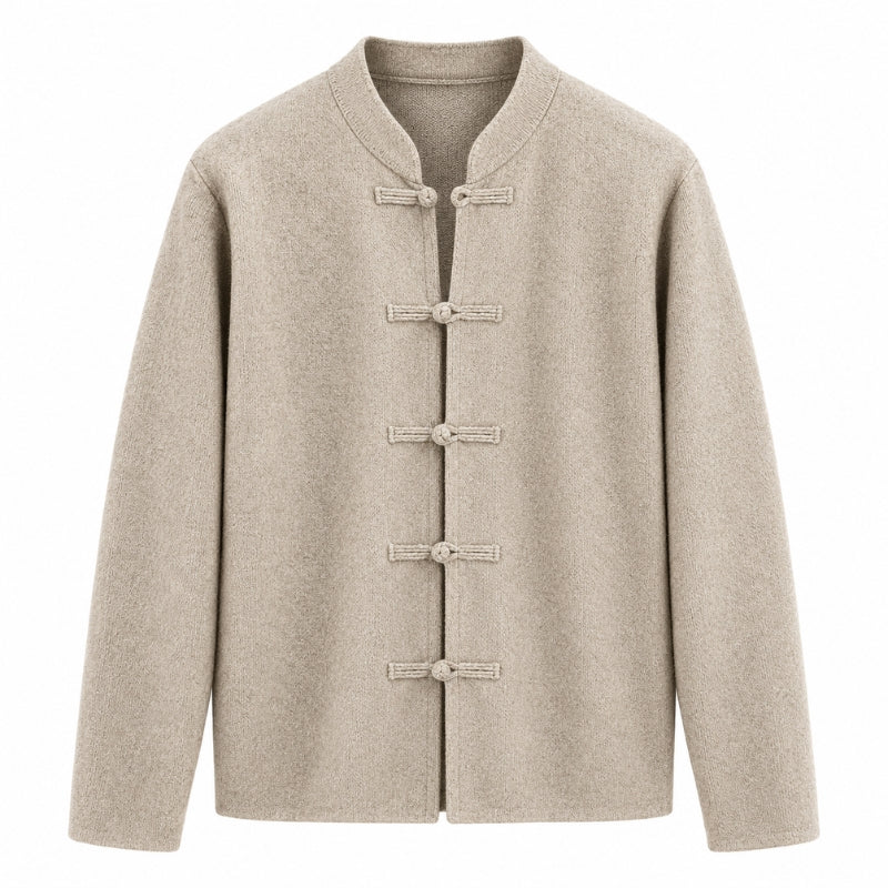 A light beige Chinese-style wool cardigan jacket with a mandarin collar and five decorative frog closures on the front, displayed against a solid white background.