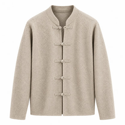 A light beige Chinese-style wool cardigan jacket with a mandarin collar and five decorative frog closures on the front, displayed against a solid white background.