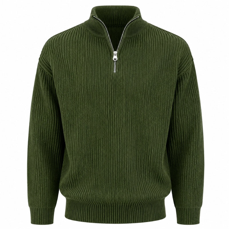 An olive green ribbed knit quarter-zip sweater with a stand collar and silver zipper, shown on a plain white background.