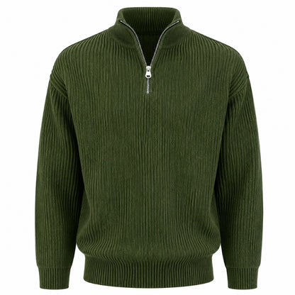 An olive green ribbed knit quarter-zip sweater with a stand collar and silver zipper, shown on a plain white background.