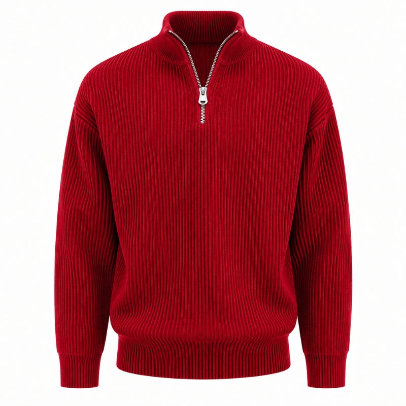 A red ribbed knit quarter-zip sweater with a stand collar, shown on a plain white background.