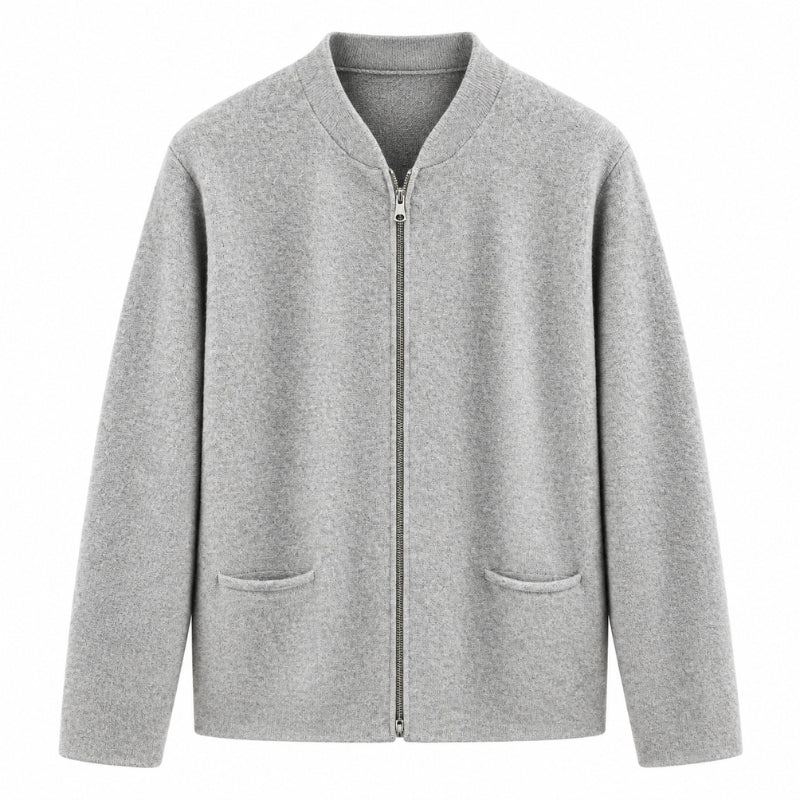A gray zip-up jacket with a stand collar, long sleeves, and two front patch pockets, shown against a plain white background.