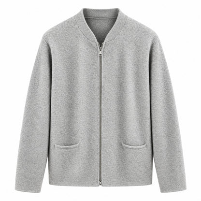 A gray zip-up jacket with a stand collar, long sleeves, and two front patch pockets, shown against a plain white background.