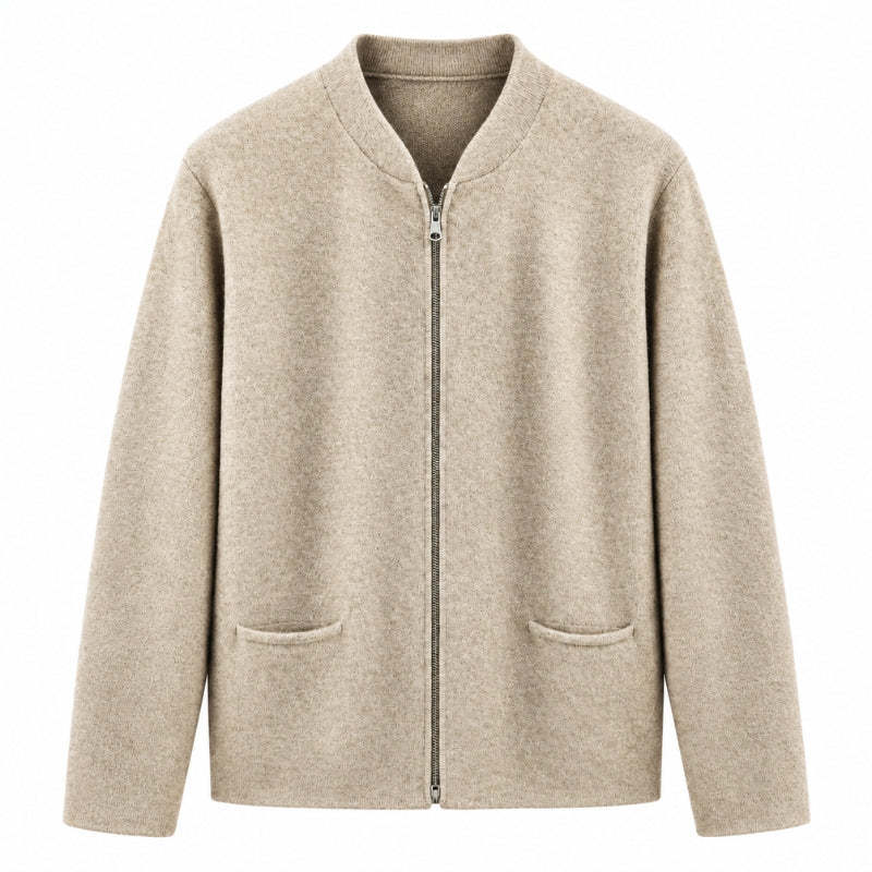 A light beige zip-up cardigan jacket with a mock neck collar, long sleeves, and two front patch pockets, shown against a plain white background.