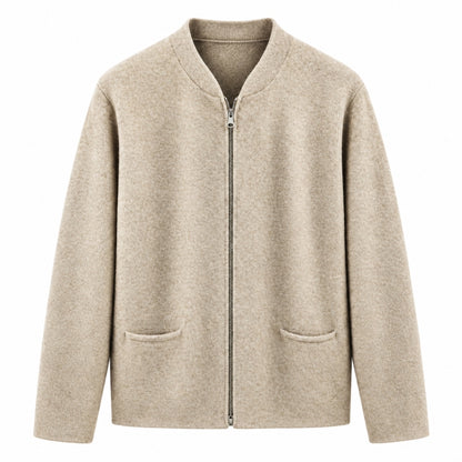 A light beige zip-up cardigan jacket with a mock neck collar, long sleeves, and two front patch pockets, shown against a plain white background.