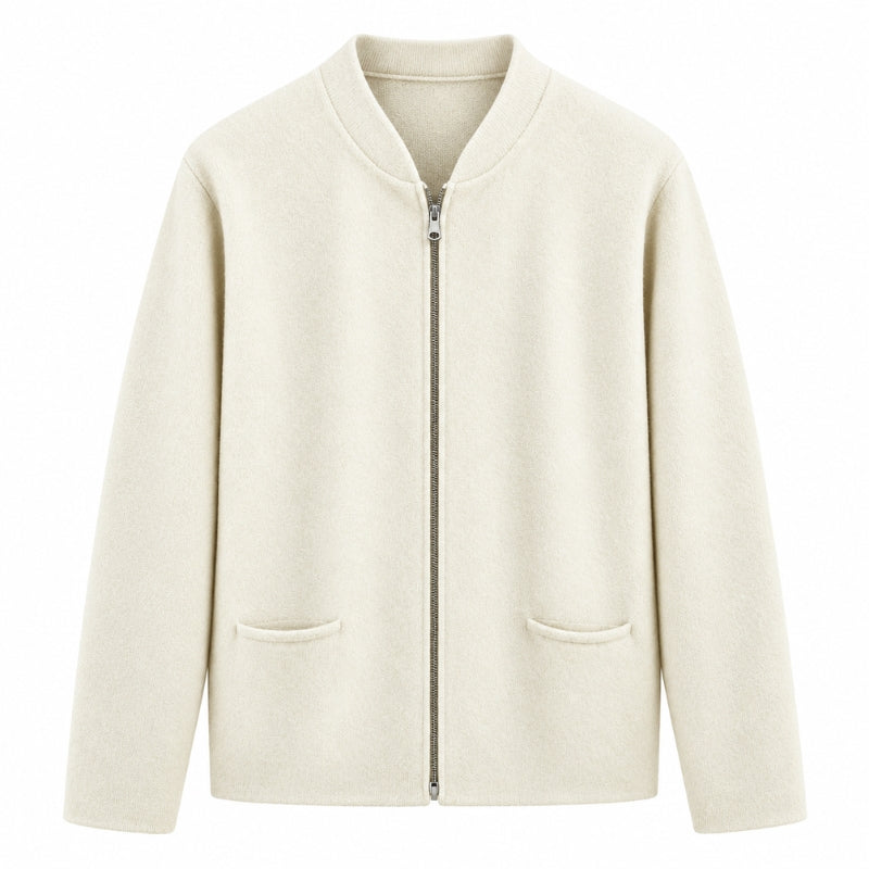 An off-white zip-up cardigan jacket with a ribbed collar, long sleeves, and two front patch pockets, shown against a plain white background.