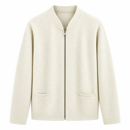 An off-white zip-up cardigan jacket with a ribbed collar, long sleeves, and two front patch pockets, shown against a plain white background.