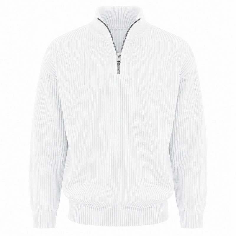 A white ribbed knit quarter-zip sweater with a stand collar and a silver zipper, shown against a plain white background.