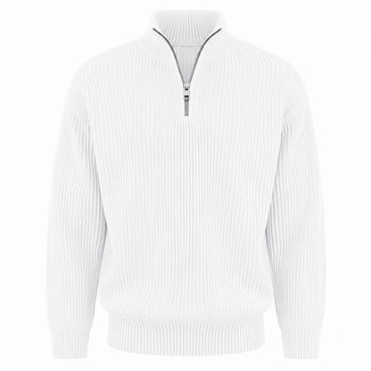 A white ribbed knit quarter-zip sweater with a stand collar and a silver zipper, shown against a plain white background.
