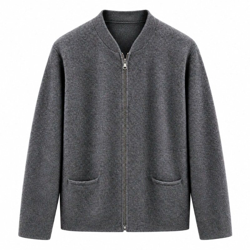 A dark gray zip-up cardigan sweater with a stand collar, long sleeves, and two front patch pockets, shown against a plain white background.