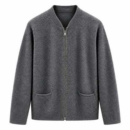 A dark gray zip-up cardigan sweater with a stand collar, long sleeves, and two front patch pockets, shown against a plain white background.