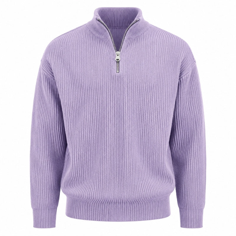 A light purple ribbed knit quarter-zip sweater with a stand collar and silver zipper, shown on a plain white background.