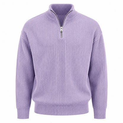 A light purple ribbed knit quarter-zip sweater with a stand collar and silver zipper, shown on a plain white background.