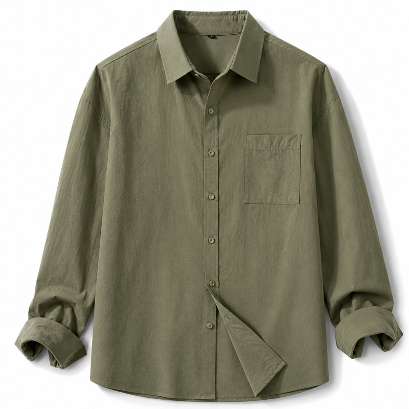 An olive green long-sleeve button-up shirt with a chest pocket, shown on a clean white background.