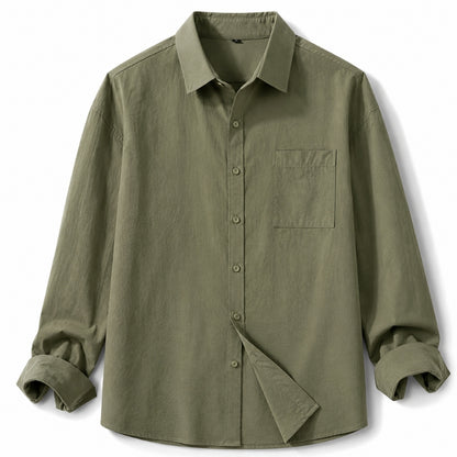 An olive green long-sleeve button-up shirt with a chest pocket, shown on a clean white background.