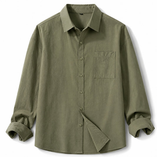 An olive green long-sleeve button-up shirt with a chest pocket, shown on a clean white background.