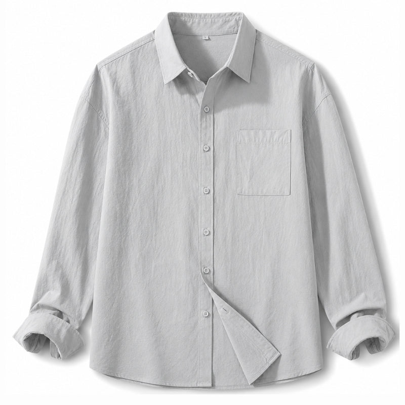 A light gray long-sleeve button-up shirt with a single chest pocket, shown flat against a white background.