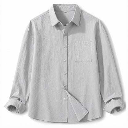 A light gray long-sleeve button-up shirt with a single chest pocket, shown flat against a white background.