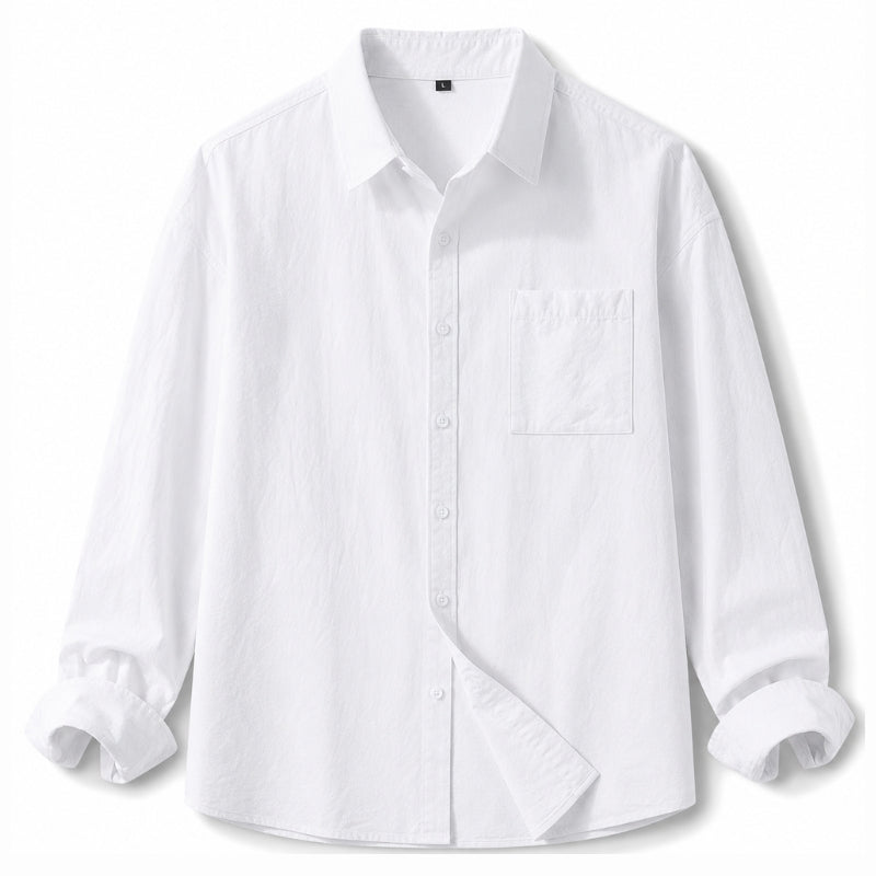 A white long-sleeve button-up shirt with a single chest pocket, shown laid flat against a clean white background.