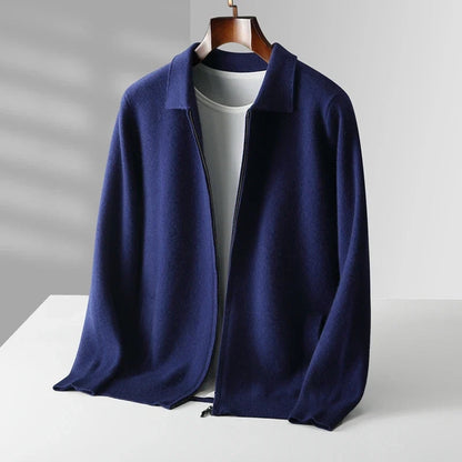 Navy blue jacket on a mannequin against a gray background