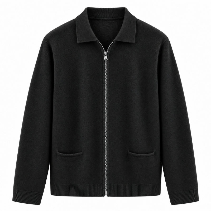 A black zip-up knit cardigan sweater with a collar, long sleeves, and two front patch pockets, shown against a plain white background.