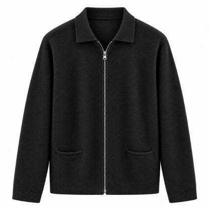 A black zip-up knit cardigan sweater with a collar, long sleeves, and two front patch pockets, shown against a plain white background.