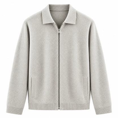 A light gray knit zip-up jacket with a pointed collar, ribbed cuffs and hem, and two front welt pockets, shown on a plain white background.