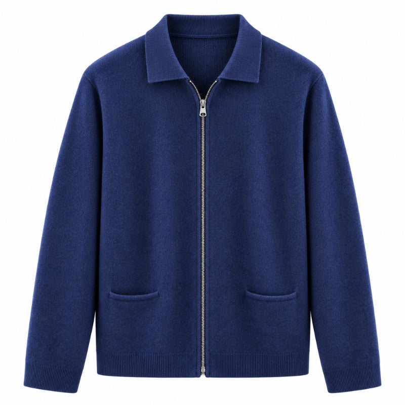 A navy blue knit zip-up cardigan sweater with a collar, long sleeves, and two front patch pockets, shown against a plain white background.