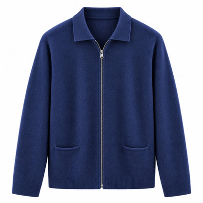 A navy blue knit zip-up cardigan sweater with a collar, long sleeves, and two front patch pockets, shown against a plain white background.