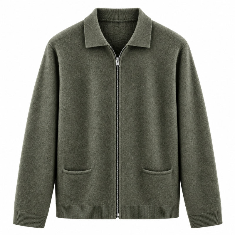An olive green zip-up knit cardigan sweater with a collar, long sleeves, and two front patch pockets, shown against a plain white background.