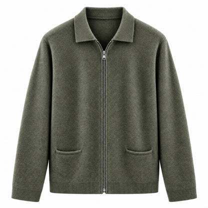 An olive green zip-up knit cardigan sweater with a collar, long sleeves, and two front patch pockets, shown against a plain white background.
