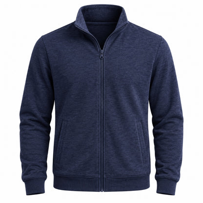 A navy blue heathered zip-up jacket with a stand collar, ribbed cuffs, and front pockets, shown on a plain white background.