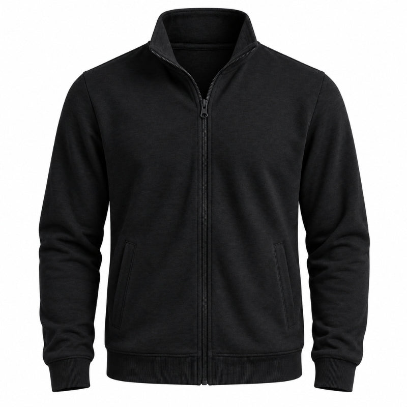 A black zip-up fleece jacket with a stand-up collar, ribbed cuffs, and ribbed hem, shown against a plain white background.