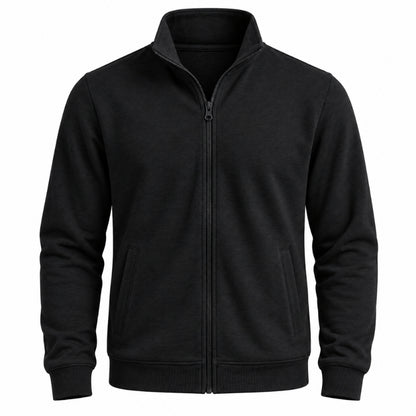 A black zip-up fleece jacket with a stand-up collar, ribbed cuffs, and ribbed hem, shown against a plain white background.