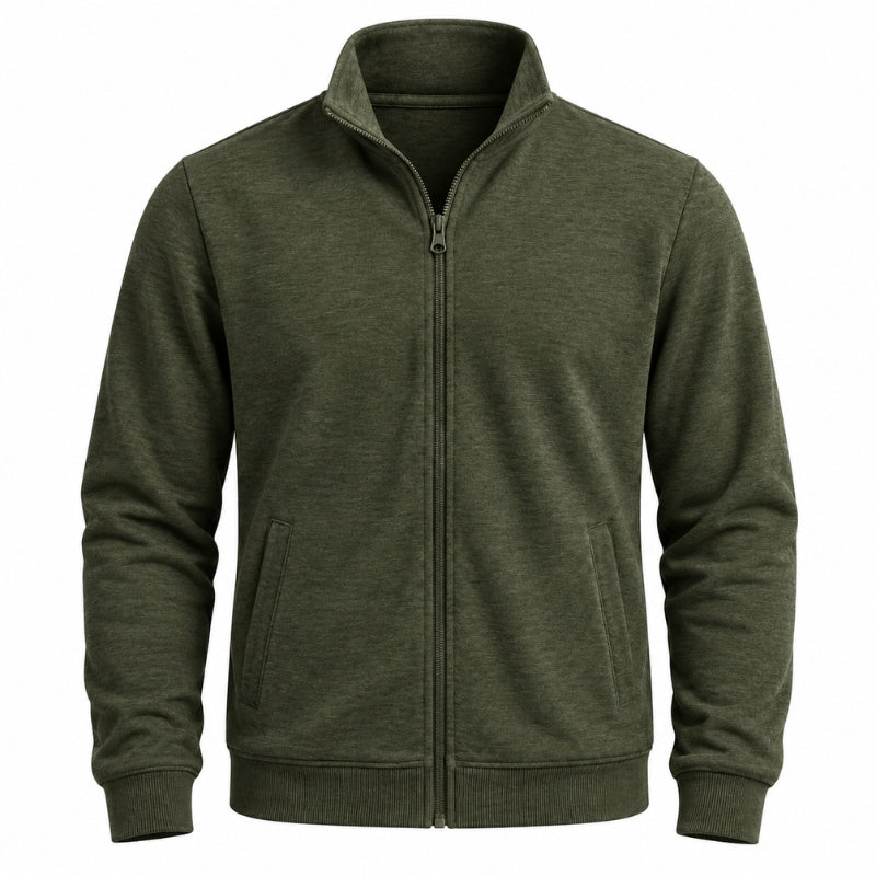 An olive green zip-up fleece jacket with a stand collar, ribbed cuffs, and ribbed hem, shown against a plain white background.