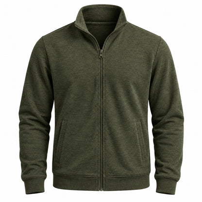An olive green zip-up fleece jacket with a stand collar, ribbed cuffs, and ribbed hem, shown against a plain white background.
