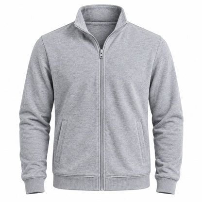 A light gray heather zip-up fleece jacket with a stand collar, ribbed cuffs, and ribbed hem, shown on a plain white background.
