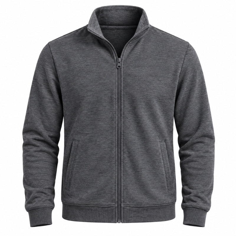 A dark gray heather zip-up fleece jacket with a stand collar, ribbed cuffs, and ribbed hem, shown on a plain white background.
