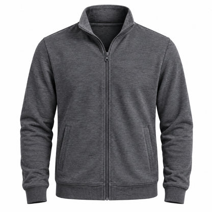A dark gray heather zip-up fleece jacket with a stand collar, ribbed cuffs, and ribbed hem, shown on a plain white background.