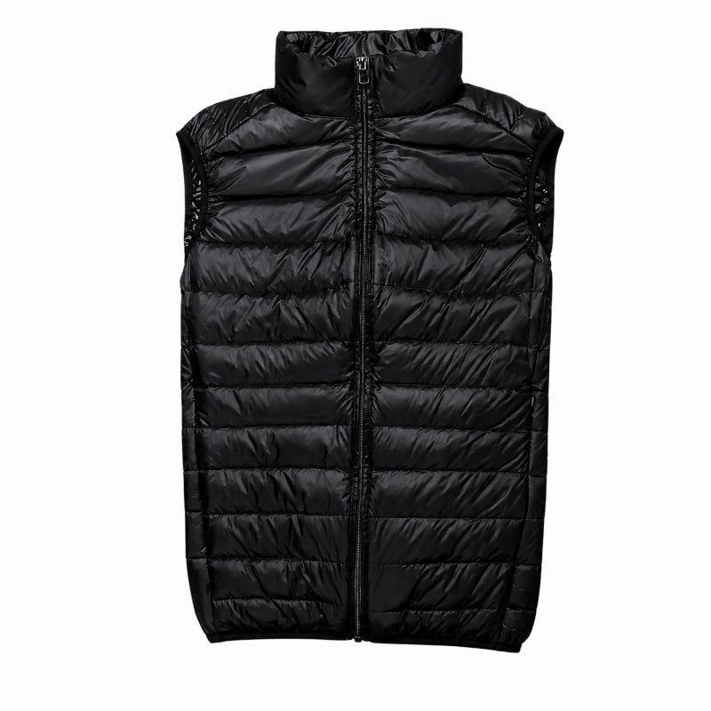 A black sleeveless puffer vest with horizontal quilting, a full front zipper, and a high stand-up collar, shown against a plain white background.