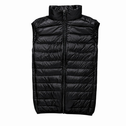 A black sleeveless puffer vest with horizontal quilting, a full front zipper, and a high stand-up collar, shown against a plain white background.