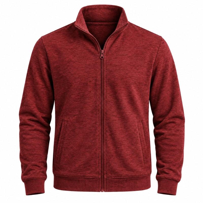 A men's heathered red zip-up jacket with a stand collar, long sleeves, and ribbed cuffs and hem, shown against a plain white background.