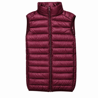 A sleeveless, quilted puffer vest in a deep burgundy or maroon color, featuring a high stand-up collar and a front zipper closure, shown against a plain white background.