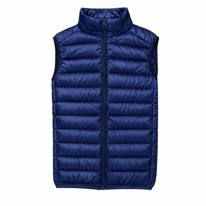 A navy blue sleeveless puffer vest with horizontal quilting, a high stand-up collar, and a front zipper, shown against a plain white background.