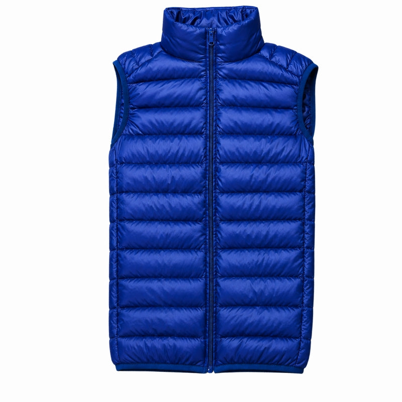 A royal blue sleeveless puffer vest with horizontal quilting, a full front zipper, and a high stand-up collar, shown against a plain white background.