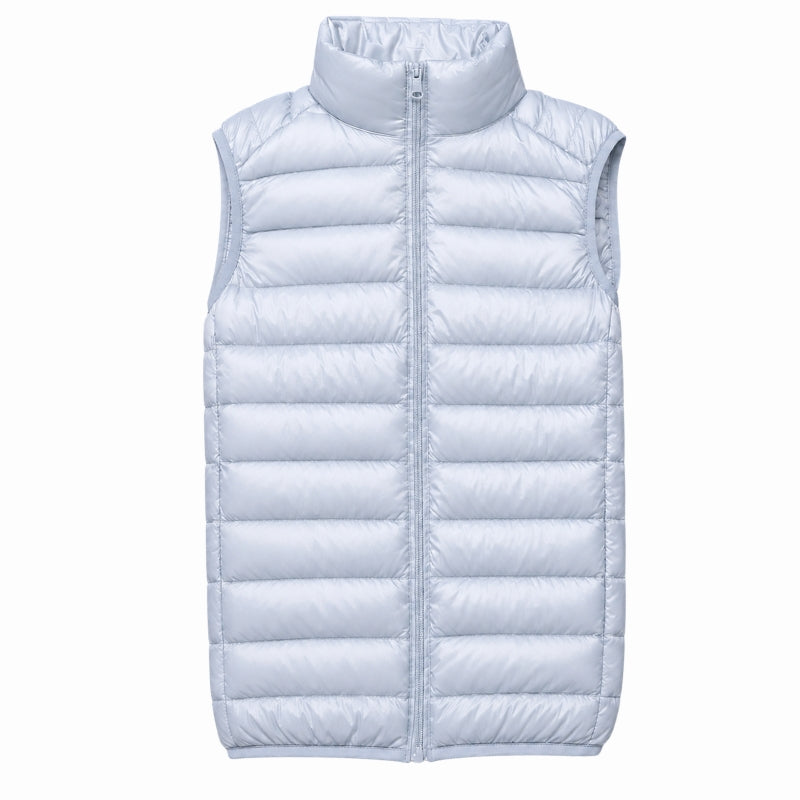 A sleeveless, light blue puffer vest with a high stand-up collar and front zipper, shown against a plain white background.