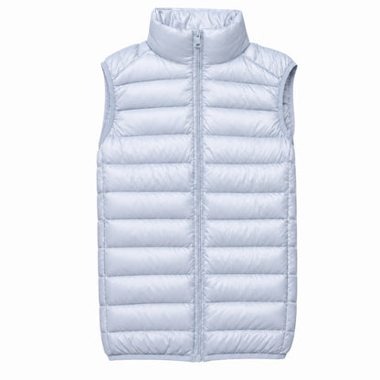 A sleeveless, light blue puffer vest with a high stand-up collar and front zipper, shown against a plain white background.