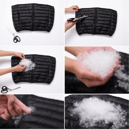 Six-panel collage showing a black quilted puffer vest being emptied of white fluffy down insulation. Hands are visible in several panels, cutting the vest with scissors and holding the loose white insulation.