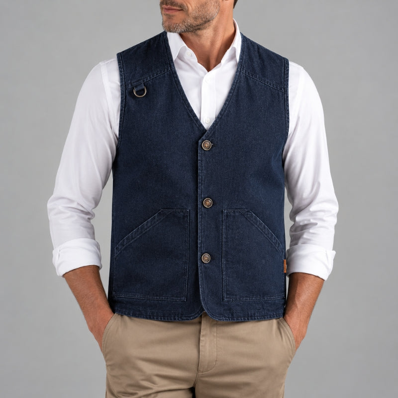 A man wearing a dark navy blue denim vest over a white long-sleeve shirt and khaki pants, standing against a solid gray studio background.